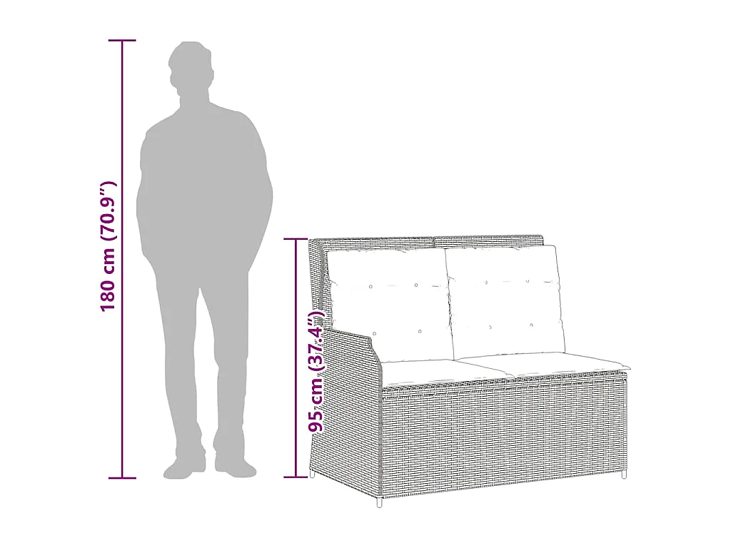 Banc inclinable de jardin avec coussins noir résine tressée