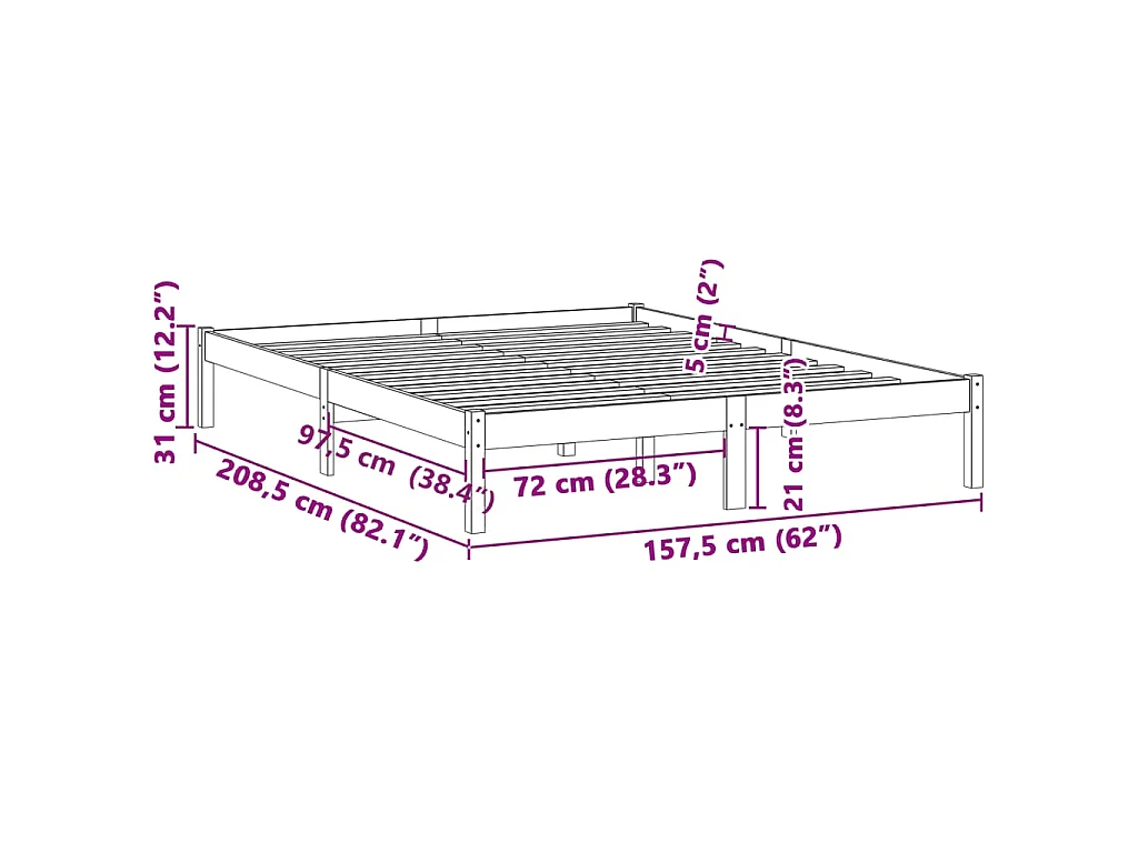 Cadre de lit sans matelas 152x203 cm bois massif de pin