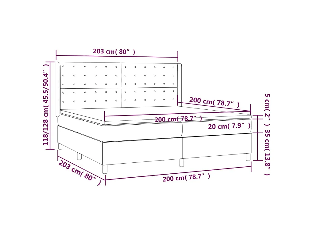 Cama box spring colchão/LED 200x200cm tecido cinza-acastanhado
