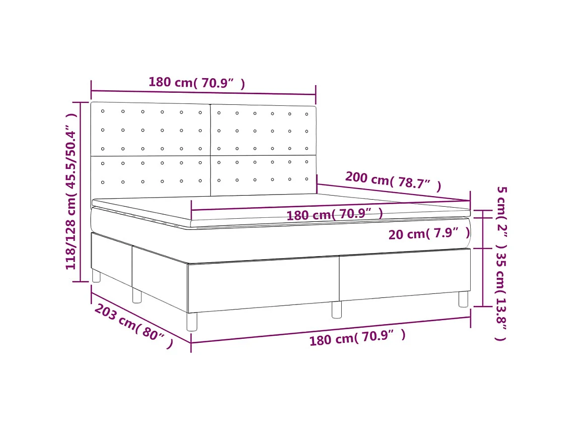 Cama box spring c/ colchão e LED 180x200 cm tecido azul