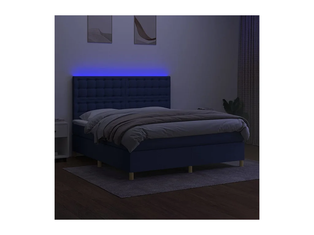 Cama box spring c/ colchão e LED 180x200 cm tecido azul