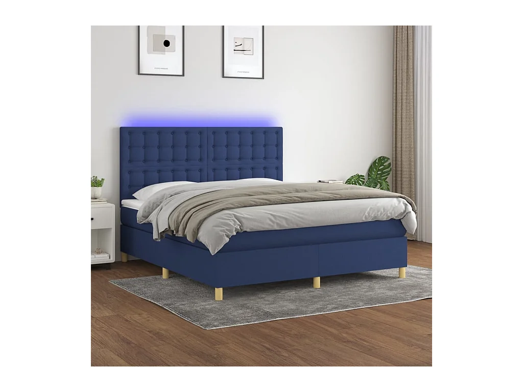 Sommier à lattes de lit et matelas et LED Bleu 180x200 cm Tissu