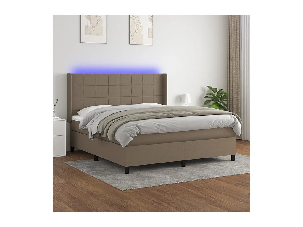 Cama box spring colchón y luces LED tela gris taupe 160x200 cm