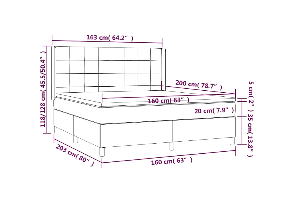 Cama box spring colchón y luces LED tela gris taupe 160x200 cm
