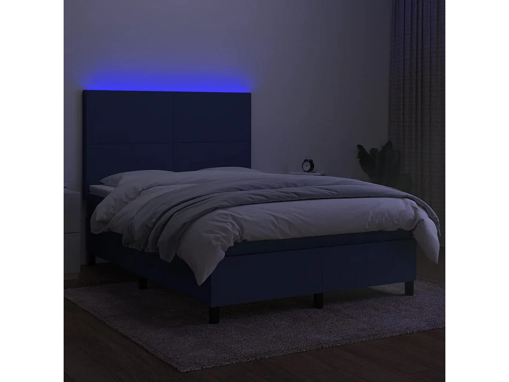 Cama box spring colchón y luces LED tela azul 140x190 cm