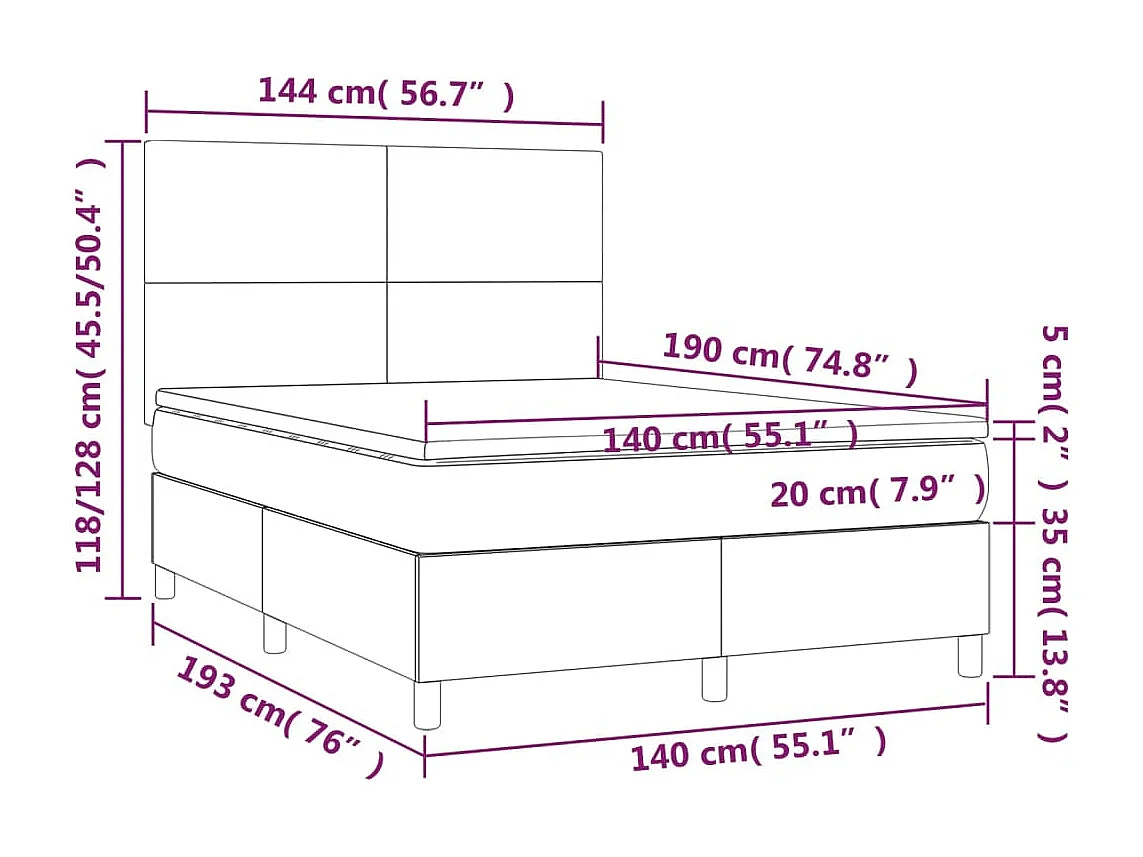 Cama box spring colchón y luces LED tela azul 140x190 cm