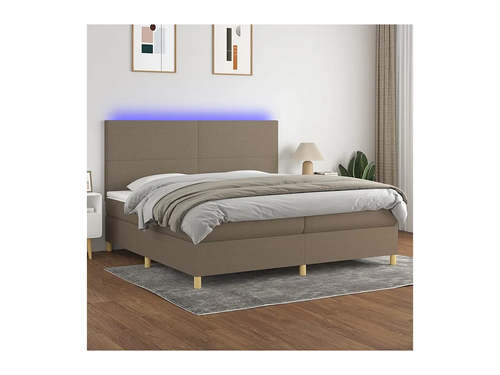 Cama box spring colchón y luces LED tela gris taupe 200x200 cm