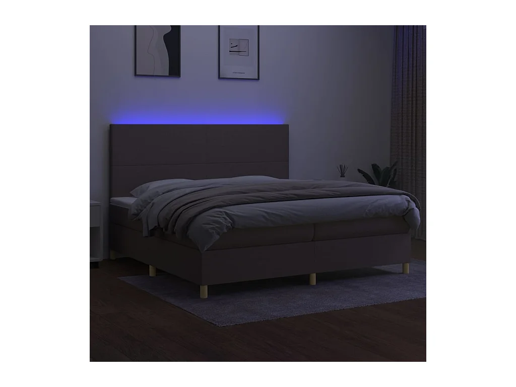 Cama box spring colchón y luces LED tela gris taupe 200x200 cm