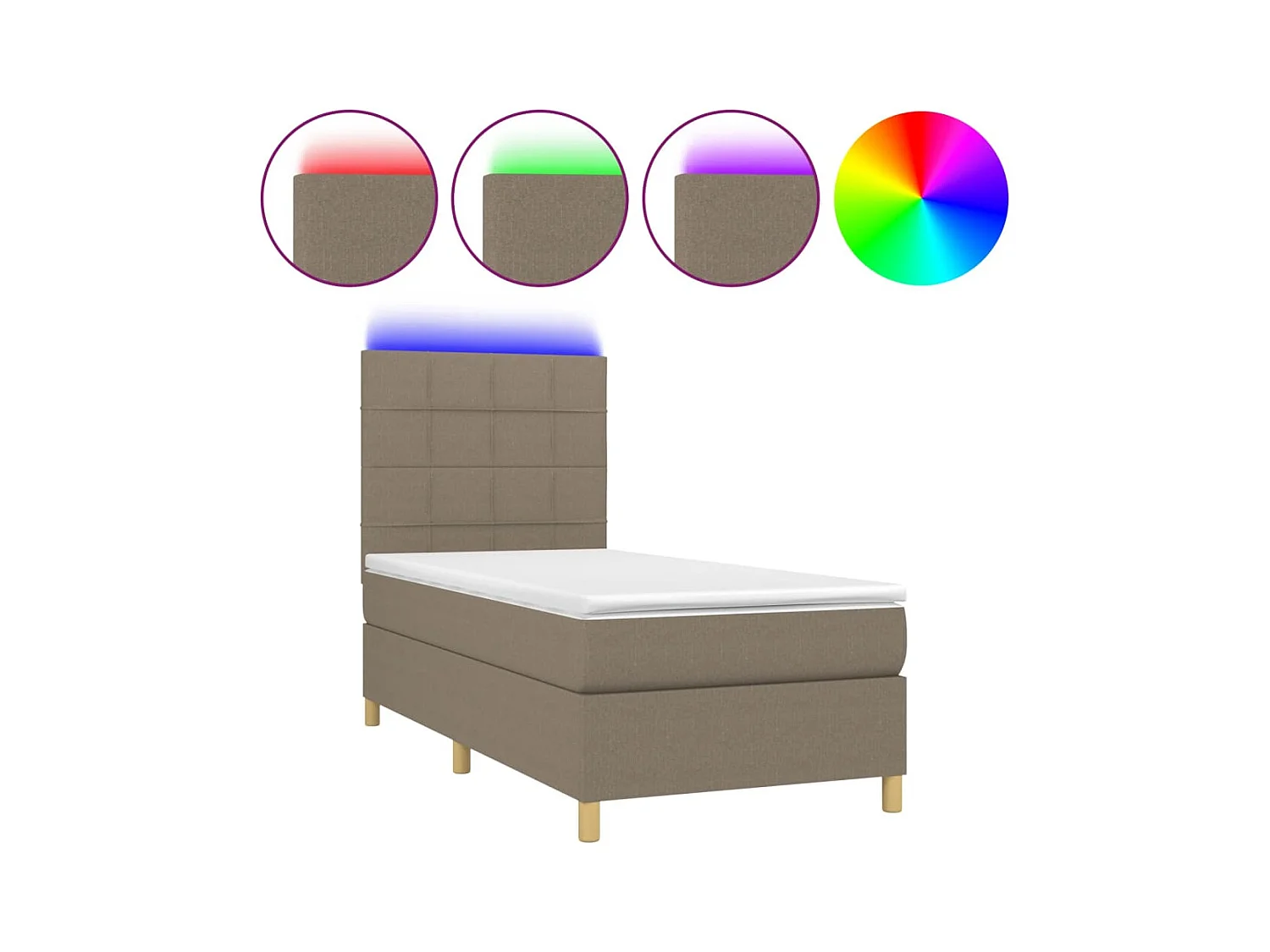 Cama box spring colchón y luces LED tela gris taupe 100x200 cm