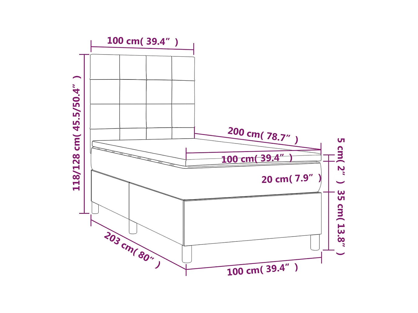 Cama box spring colchón y luces LED tela gris taupe 100x200 cm