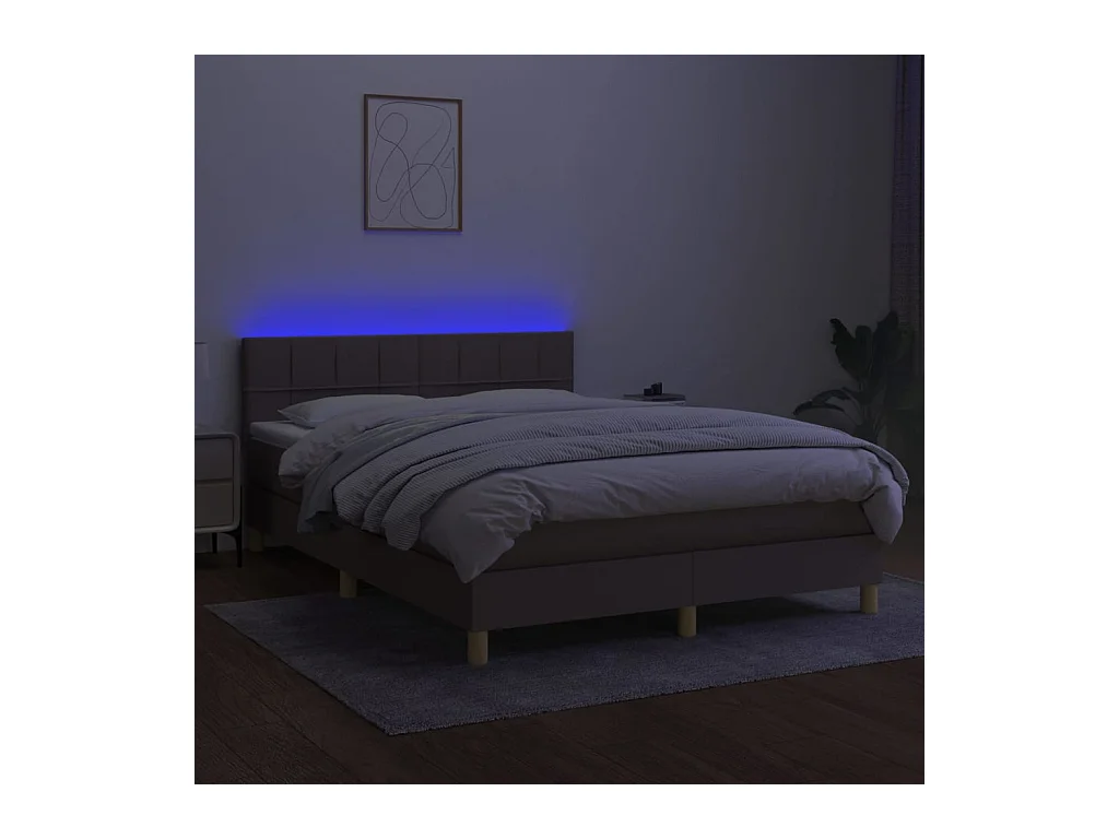 Cama box spring colchón y luces LED tela gris taupe 140x190 cm