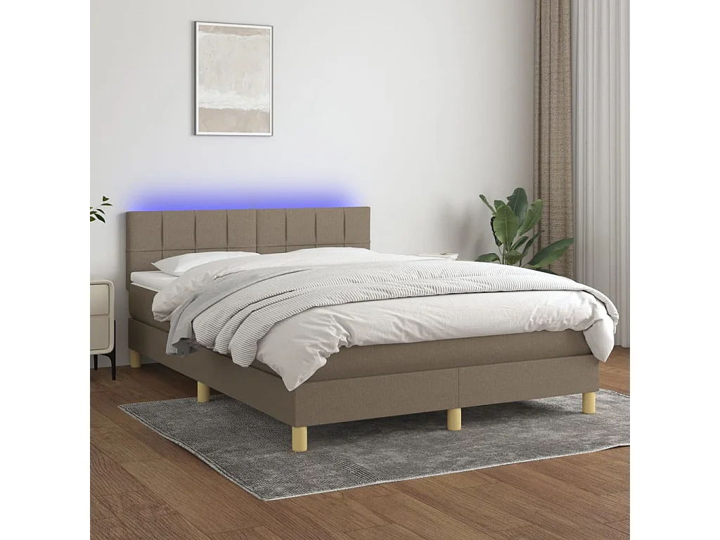 Cama box spring colchón y luces LED tela gris taupe 140x190 cm