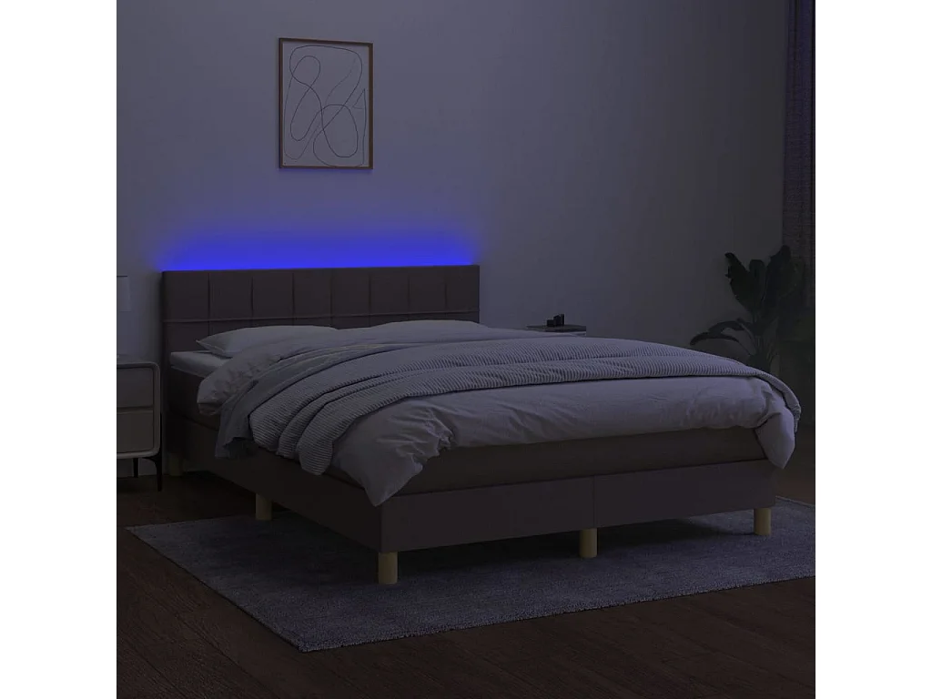 Cama box spring colchón y luces LED tela gris taupe 140x190 cm