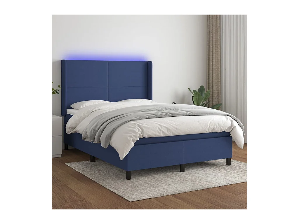 Sommier à lattes de lit matelas et LED Bleu 140x200 cm Tissu