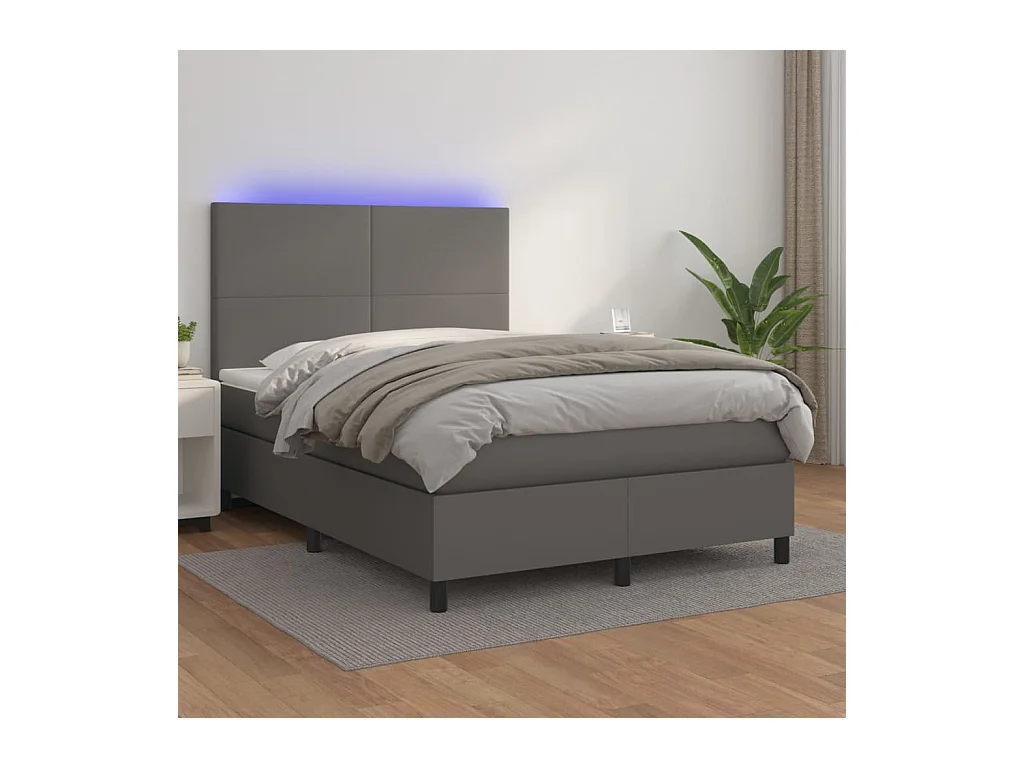 Cama box spring c/ colchão/LED 140x200cm couro artificial cinza
