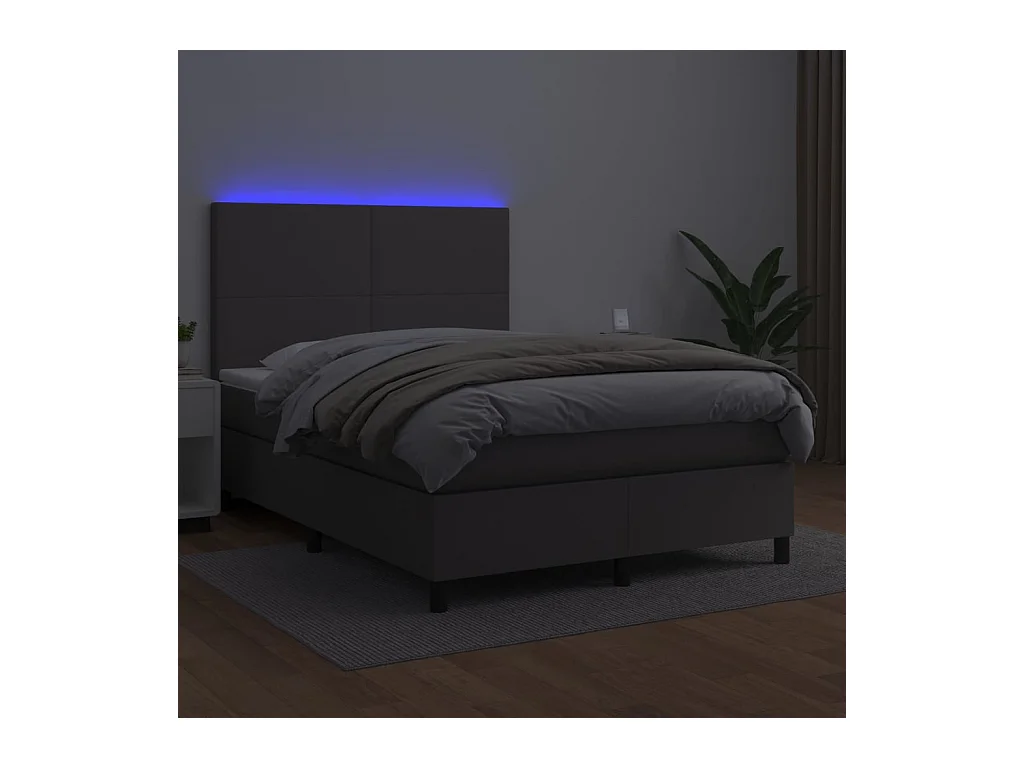 Cama box spring c/ colchão/LED 140x200cm couro artificial cinza