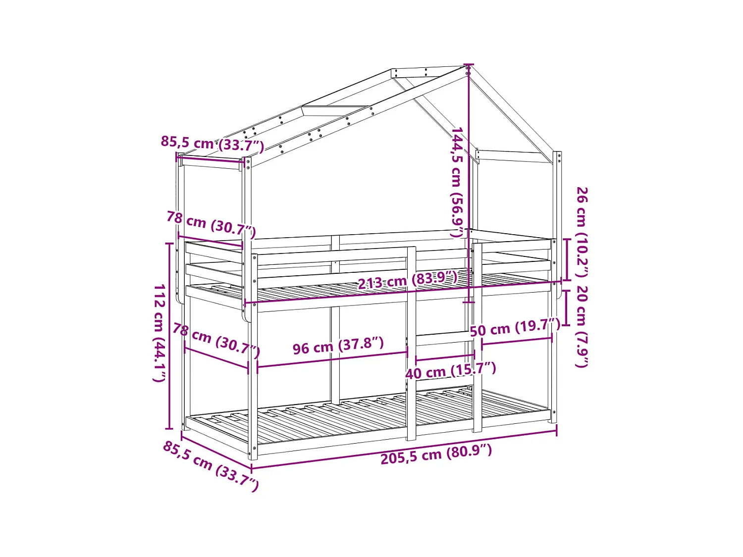 Lit superposé sans matelas blanc 80x200 cm bois de pin massif