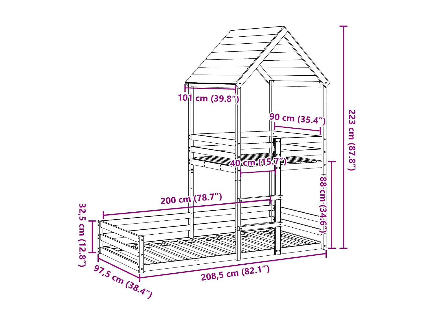 Lit superposé sans matelas 90x200 cm bois de pin massif