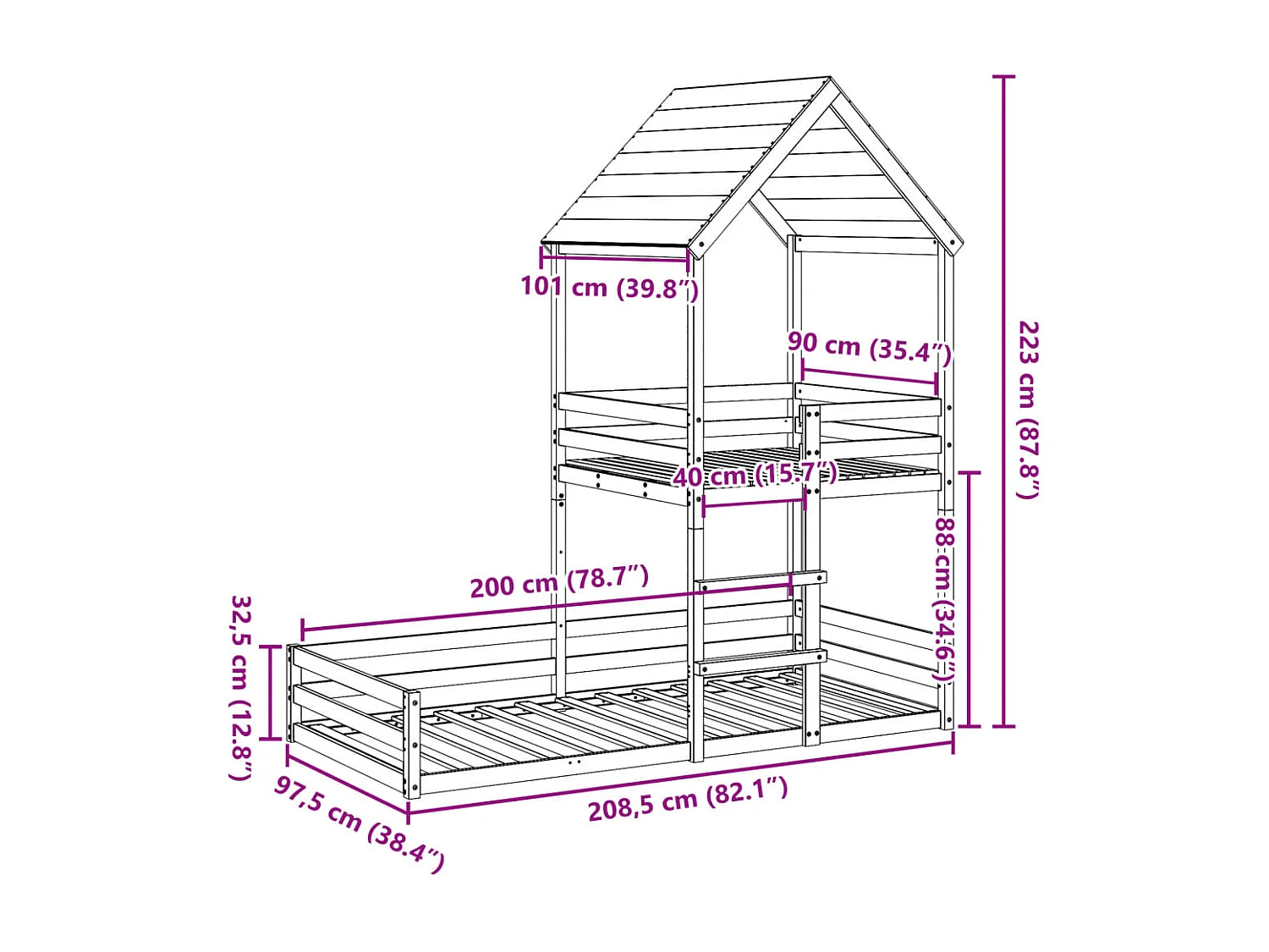 Lit superposé sans matelas 90x200 cm bois de pin massif