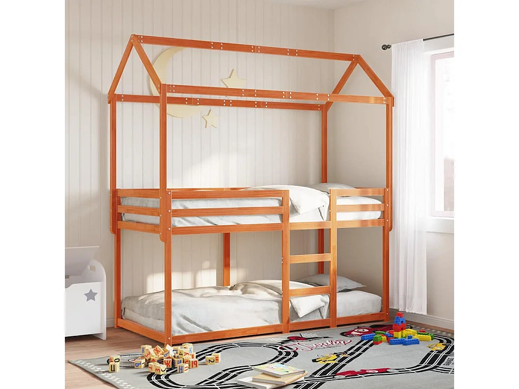 Etagenbett mit Dach Wachsbraun 90x200 cm Massivholz Kiefer