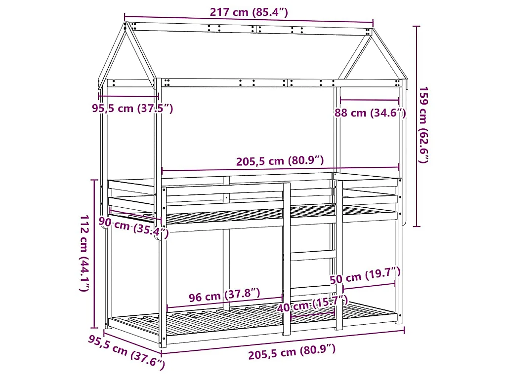 Etagenbett mit Dach Wachsbraun 90x200 cm Massivholz Kiefer