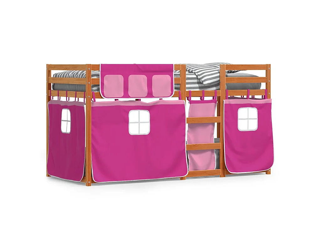 Stapelbed met gordijnen 90x200 cm grenenhout roze