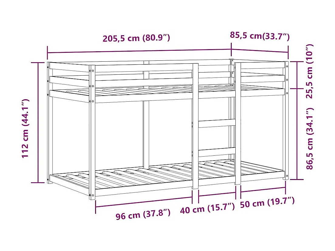Lit superposé sans matelas 80x200 cm bois de pin massif