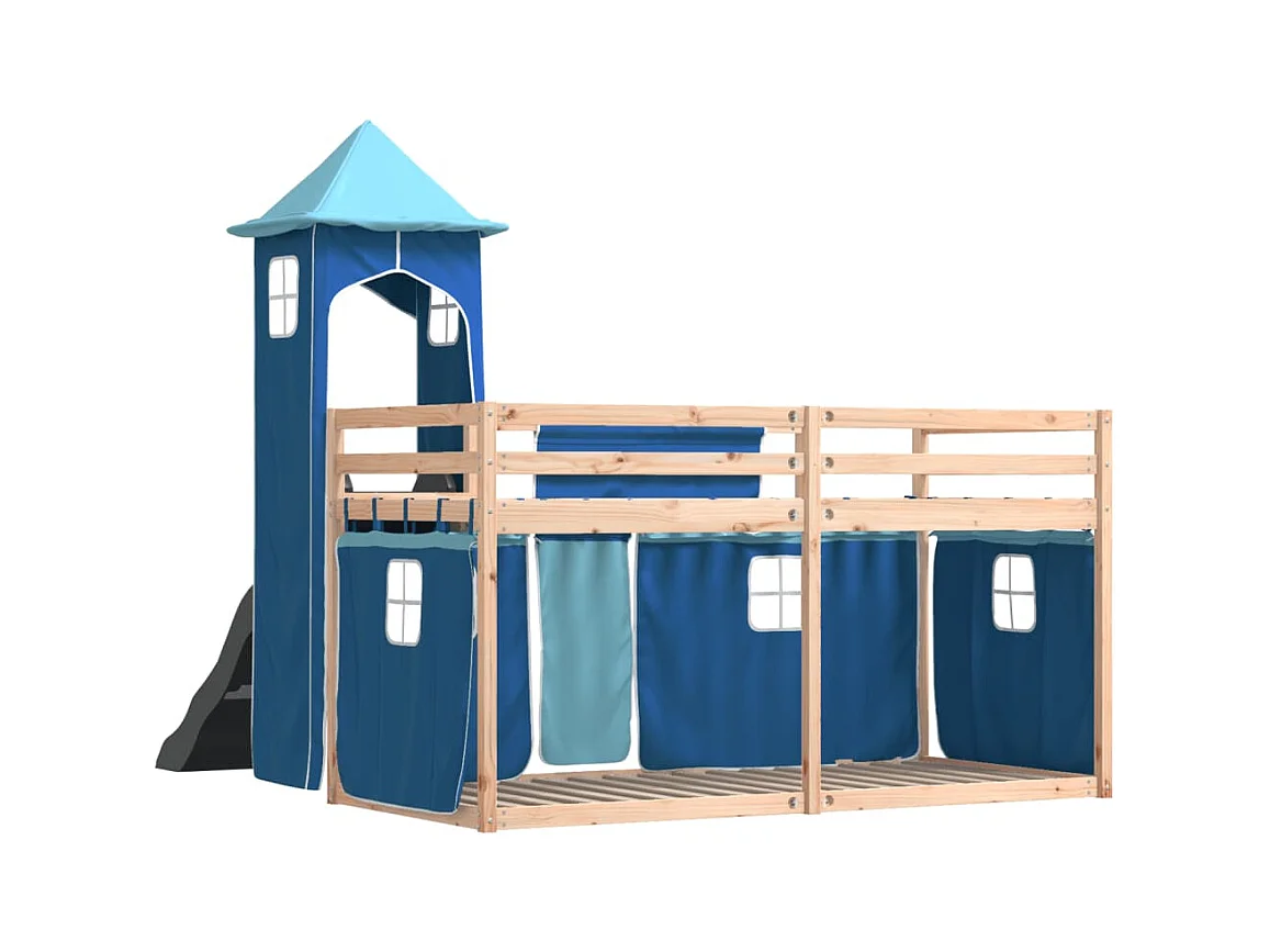 Etagenbett mit Rutsche und Gardinen Blau 80x200 cm