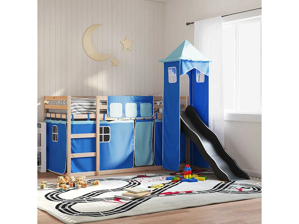 Lit superposé sans matelas avec toboggan et rideaux 80x200 cm
