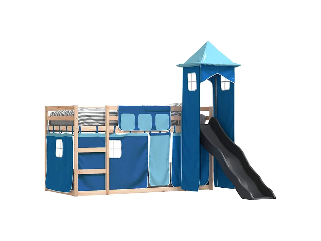 Lit superposé sans matelas avec toboggan et rideaux 80x200 cm