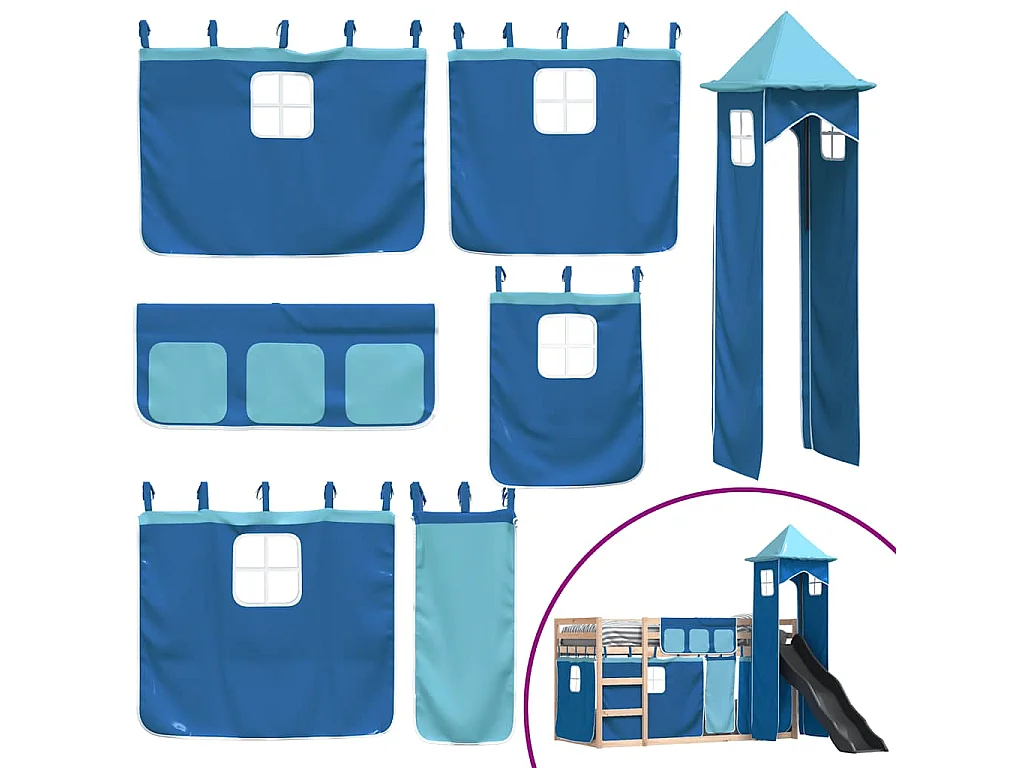 Lit superposé sans matelas avec toboggan et rideaux 80x200 cm