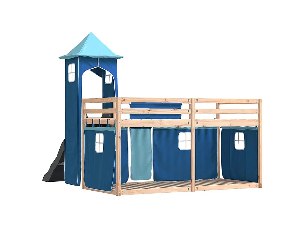 Lit superposé sans matelas avec toboggan et rideaux 80x200 cm