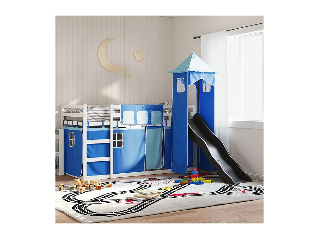 Lit superposé sans matelas avec toboggan et rideaux 80x200 cm