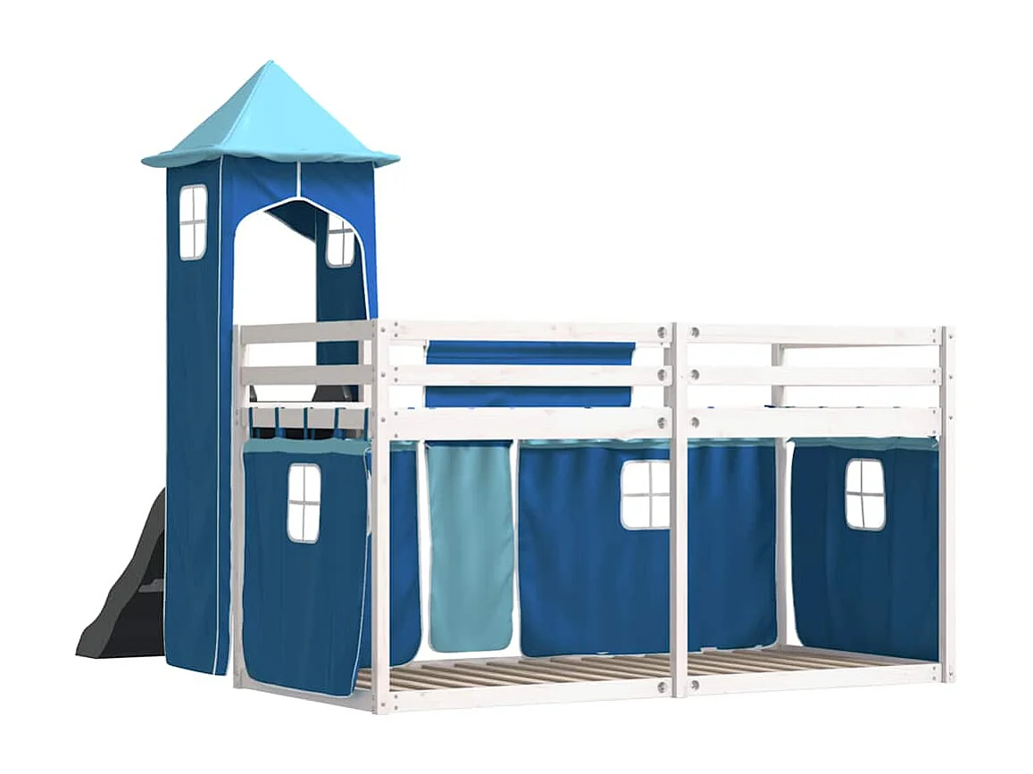 Lit superposé sans matelas avec toboggan et rideaux 80x200 cm