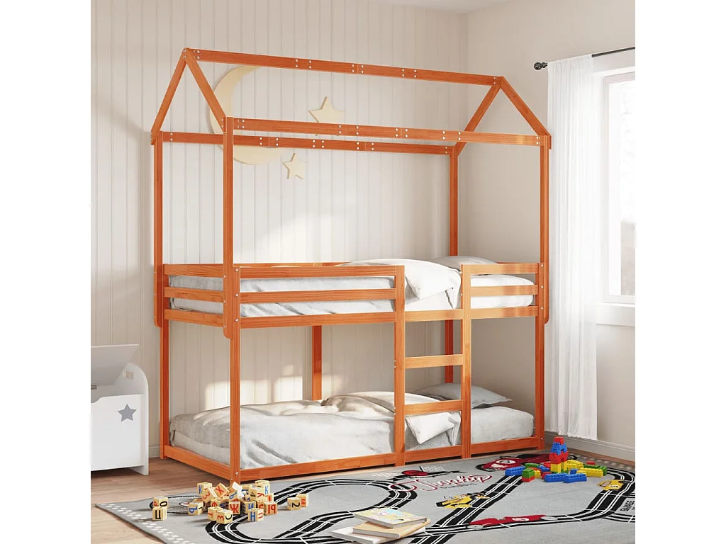 Etagenbett mit Dach Wachsbraun 90x190 cm Massivholz Kiefer