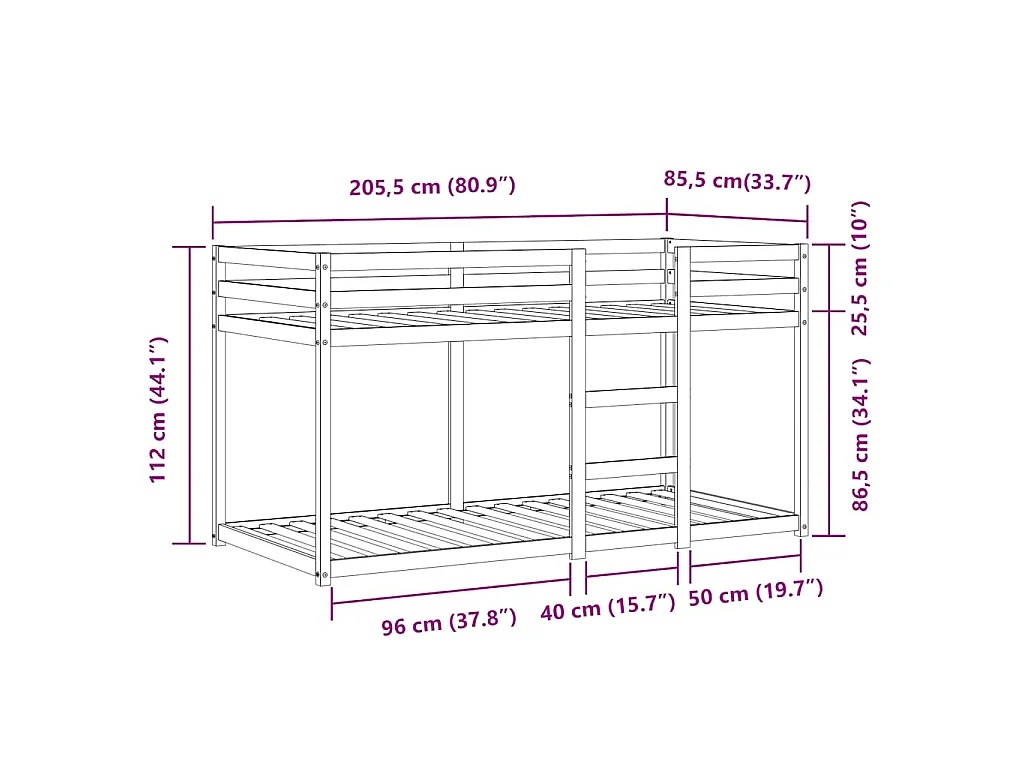 Letto a Castello senza Materasso Bianco e Nero 80x200cm in Pino
