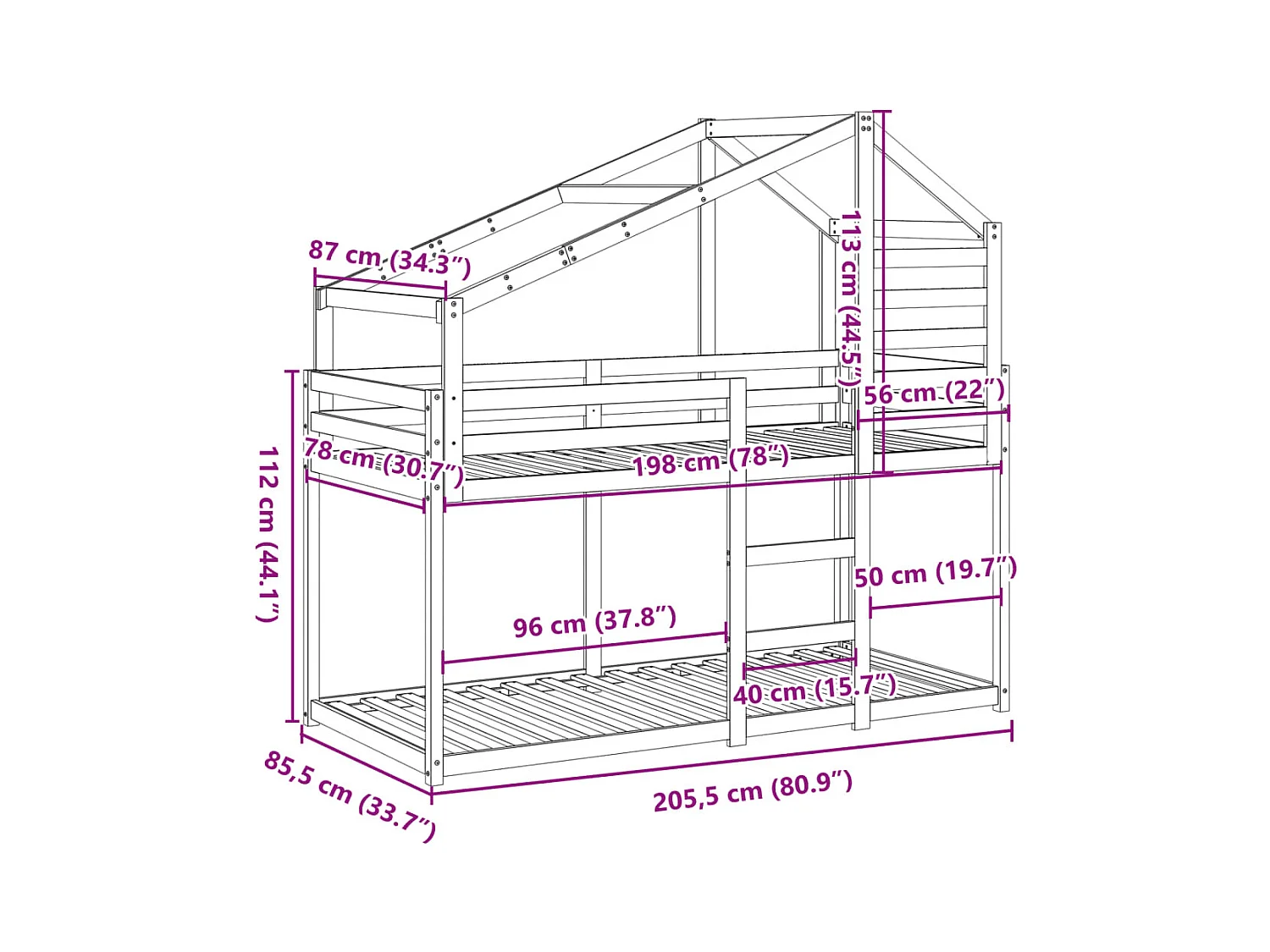 Lit superposé sans matelas blanc 80x200 cm bois de pin massif