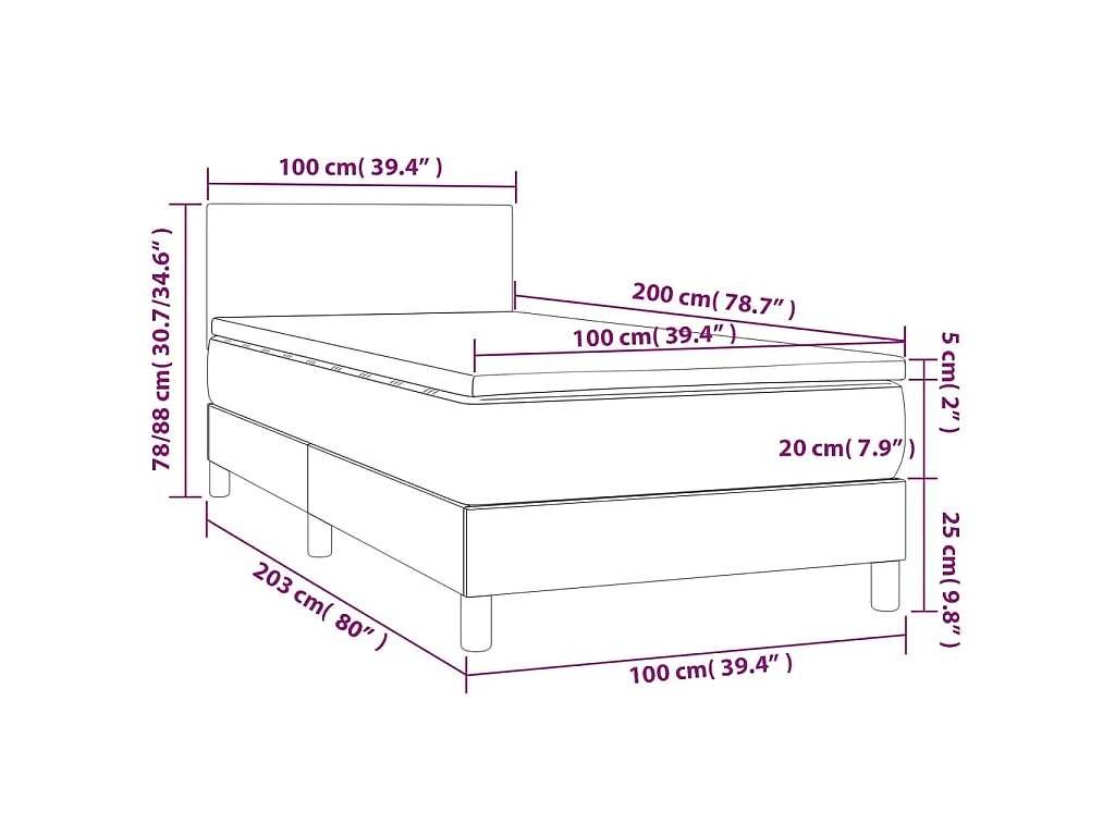 Cama box spring con colchón terciopelo negro 100x200 cm