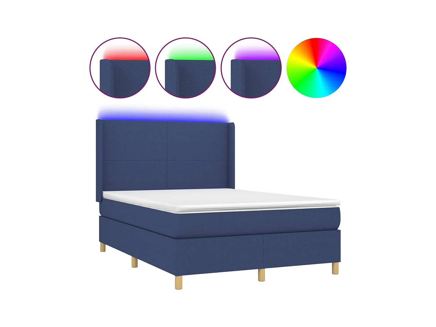 Cama box spring c/ colchão e LED 140x190 cm tecido azul