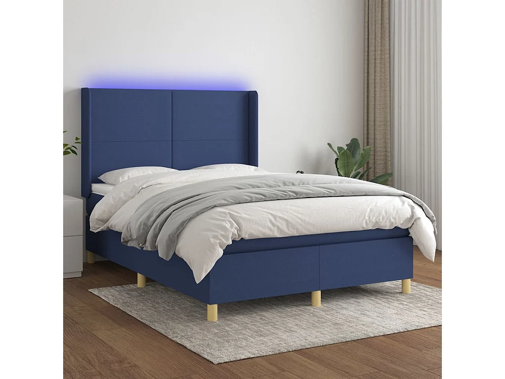 Sommier à lattes de lit matelas et LED Bleu 140x190 cm Tissu