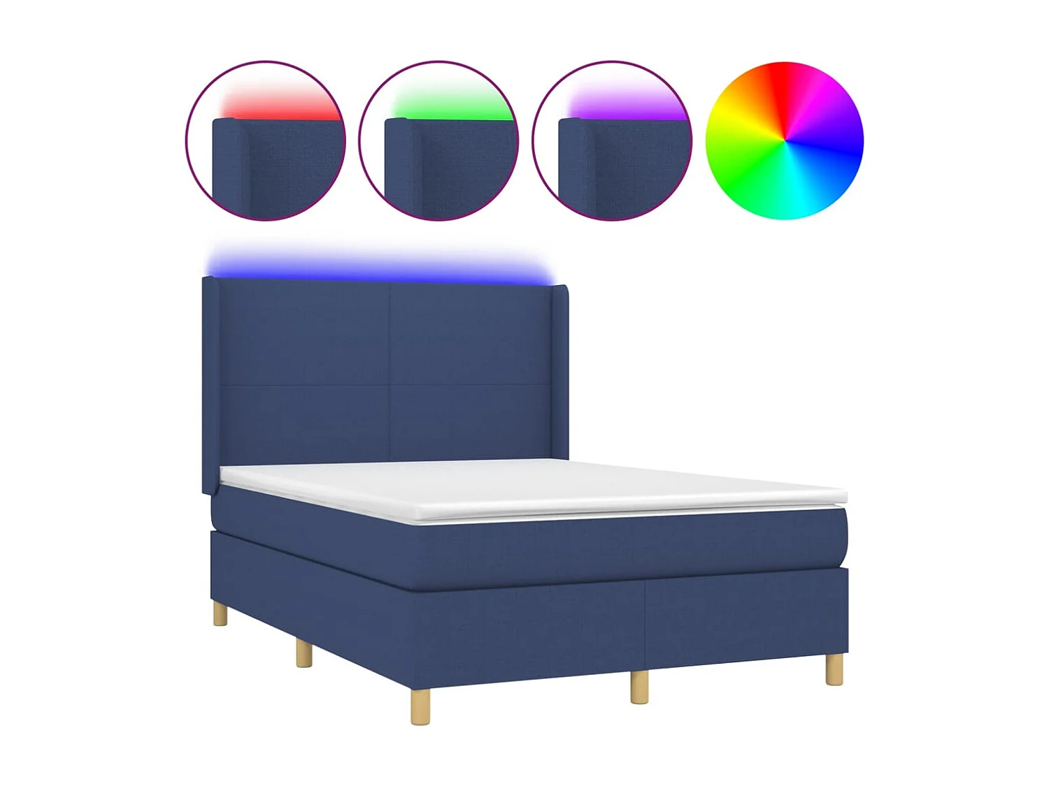 Cama box spring c/ colchão e LED 140x190 cm tecido azul