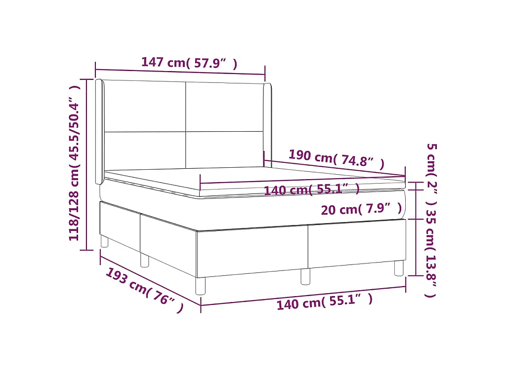 Cama box spring c/ colchão e LED 140x190 cm tecido azul