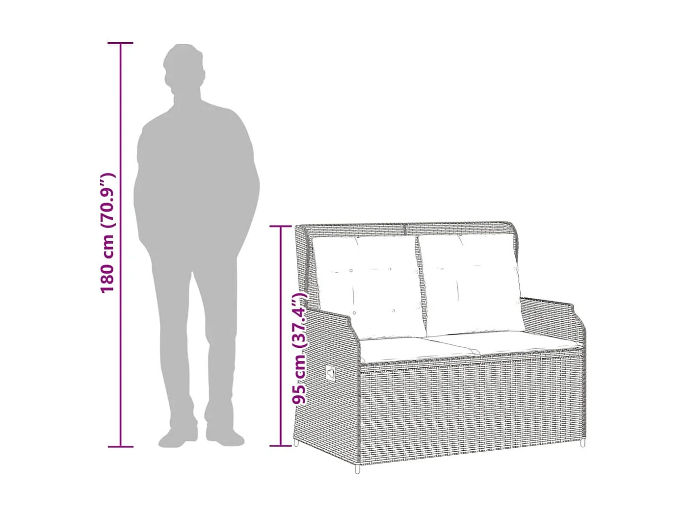 Banc inclinable de jardin avec coussins marron résine tressée