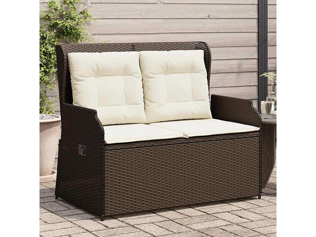 Tuinbankje verstelbaar met kussens poly rattan bruin