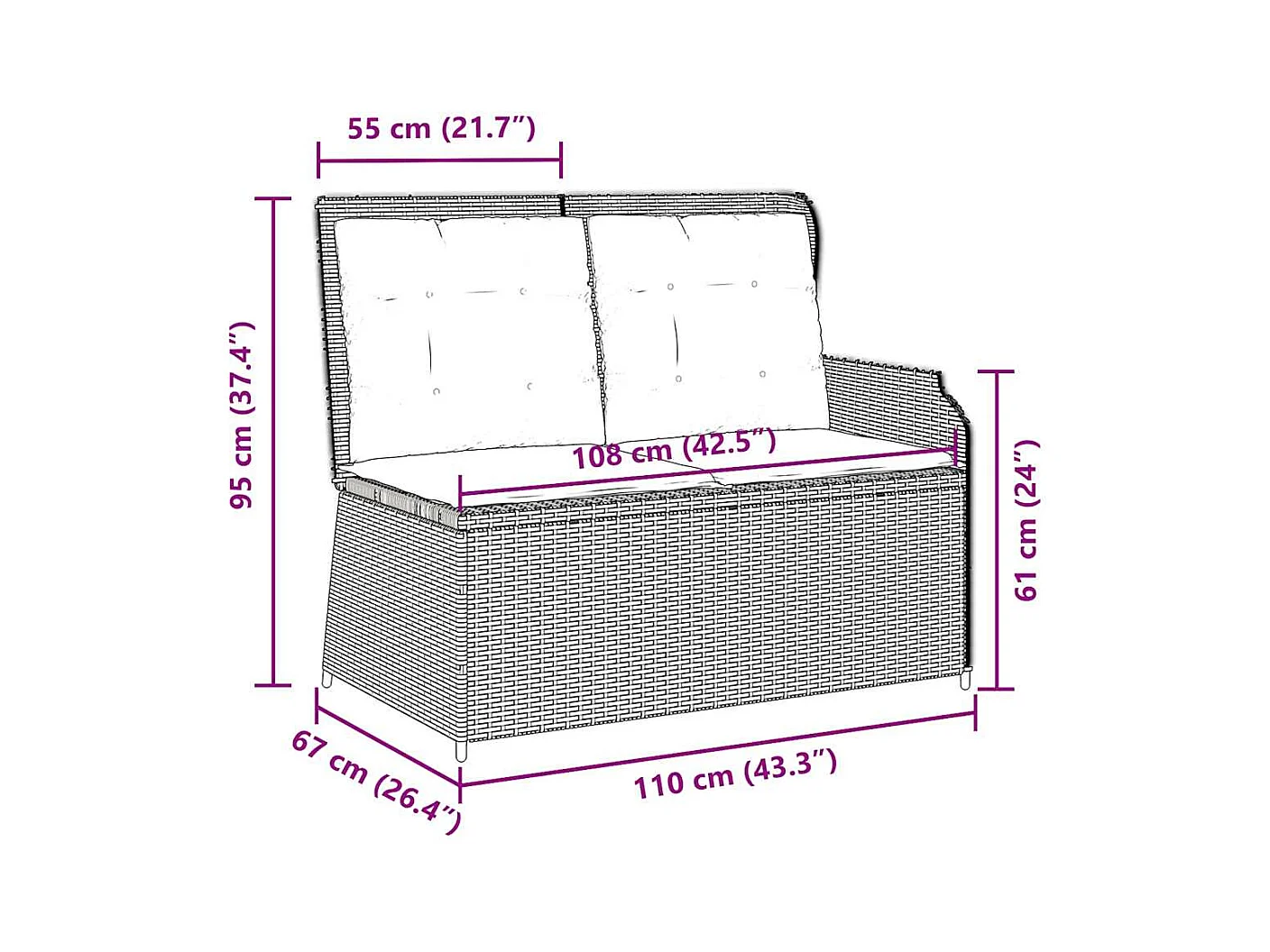 Banc inclinable de jardin avec coussins beige résine tressée