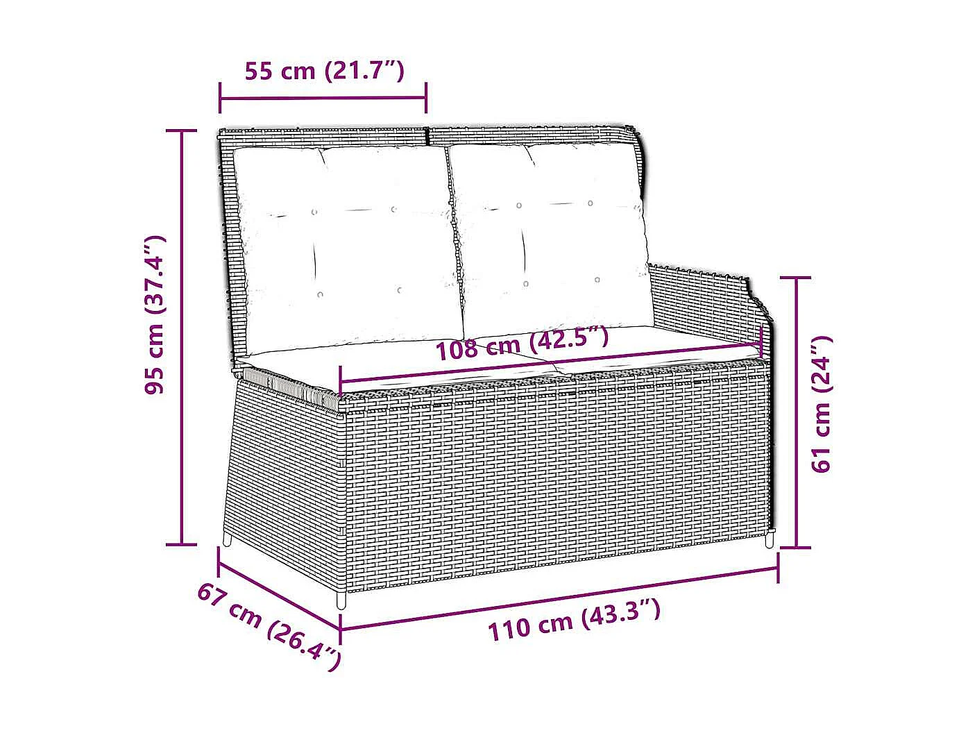 Banc inclinable de jardin avec coussins beige résine tressée