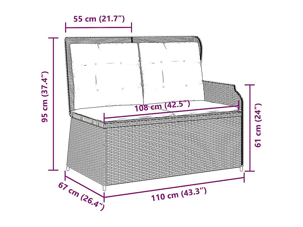 Banc inclinable de jardin avec coussins beige résine tressée