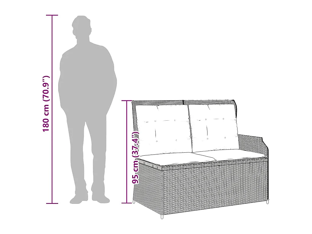Tuinbankje verstelbaar met kussens poly rattan beige