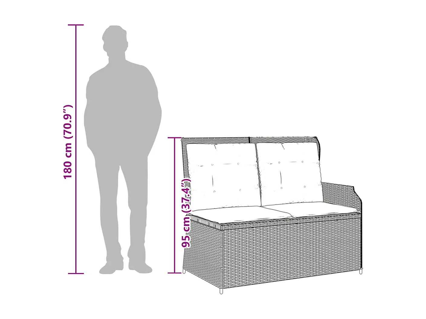 Banc inclinable de jardin avec coussins noir résine tressée