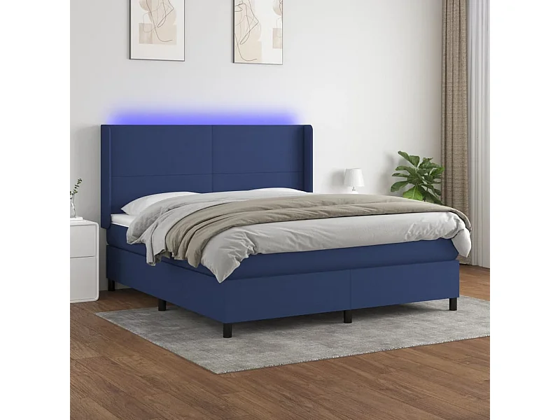 Cama box spring c/ colchão e LED 160x200 cm tecido azul